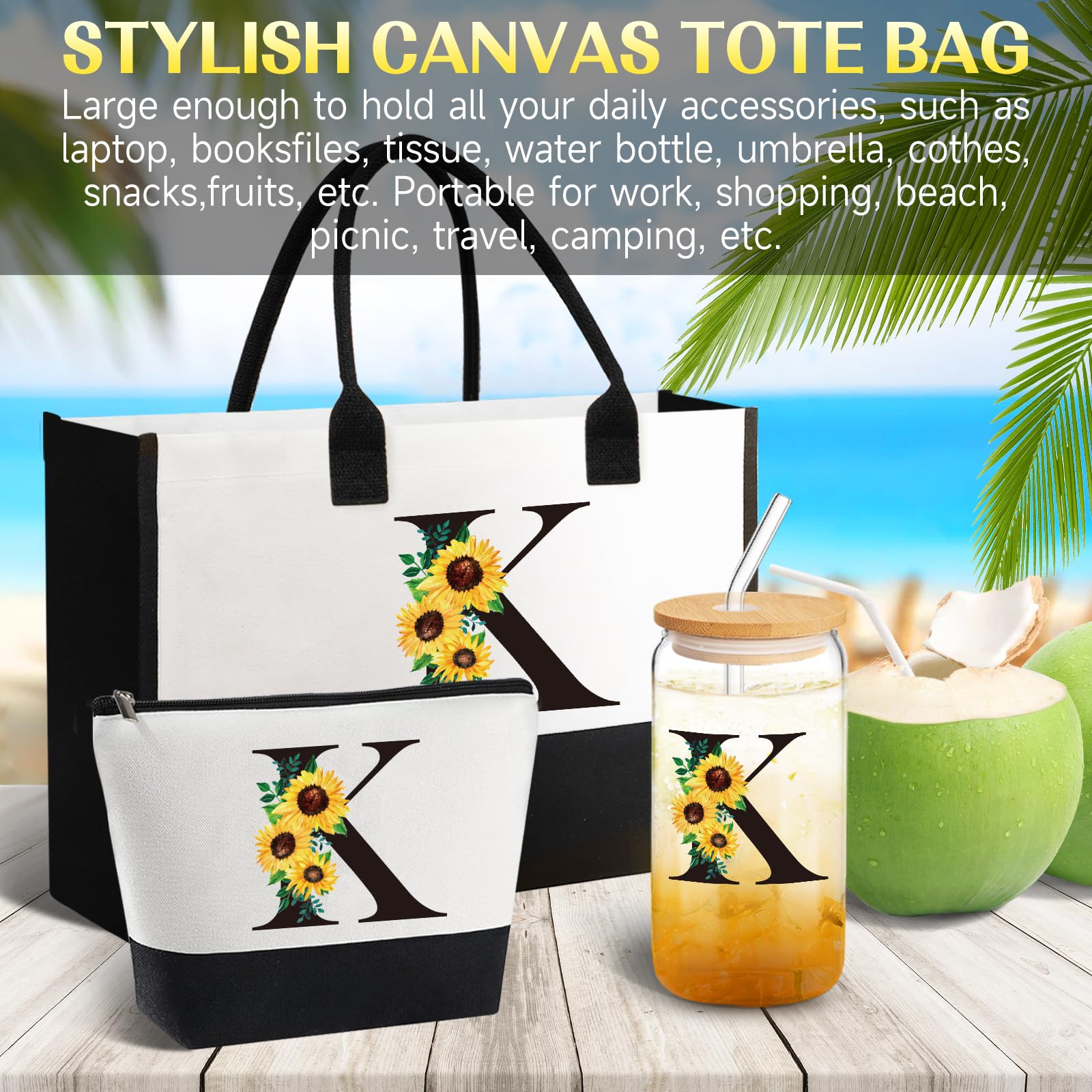 Tote monograma Frerdui con girasol, perfecto para trabajo y compras.