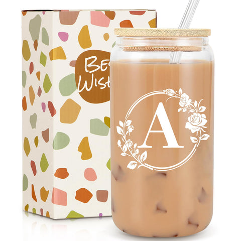 Frerdui vaso inicial monograma con tapa y pajilla para bebidas con estilo