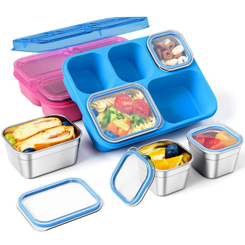 Freshmage bento de acero inoxidable, frente con rosa y azul para almuerzos ordenados.