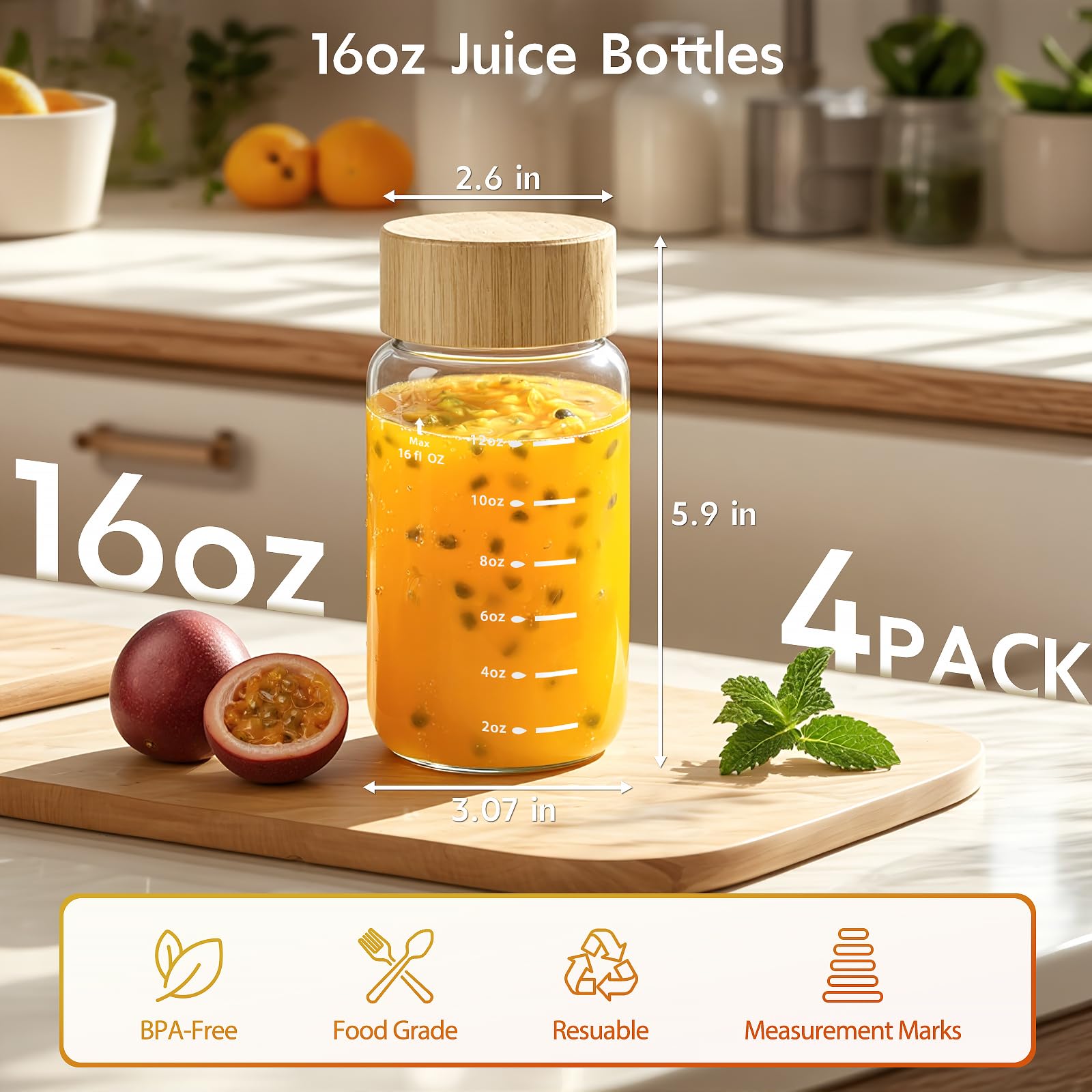 Freshmage botella vidrio 16oz para guardar bebidas y meriendas.