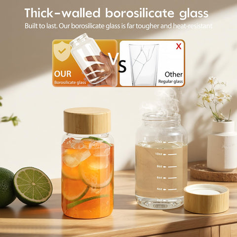 Freshmage botella vidrio 16oz clara con tapa de bambú, ideal para jugos y té.