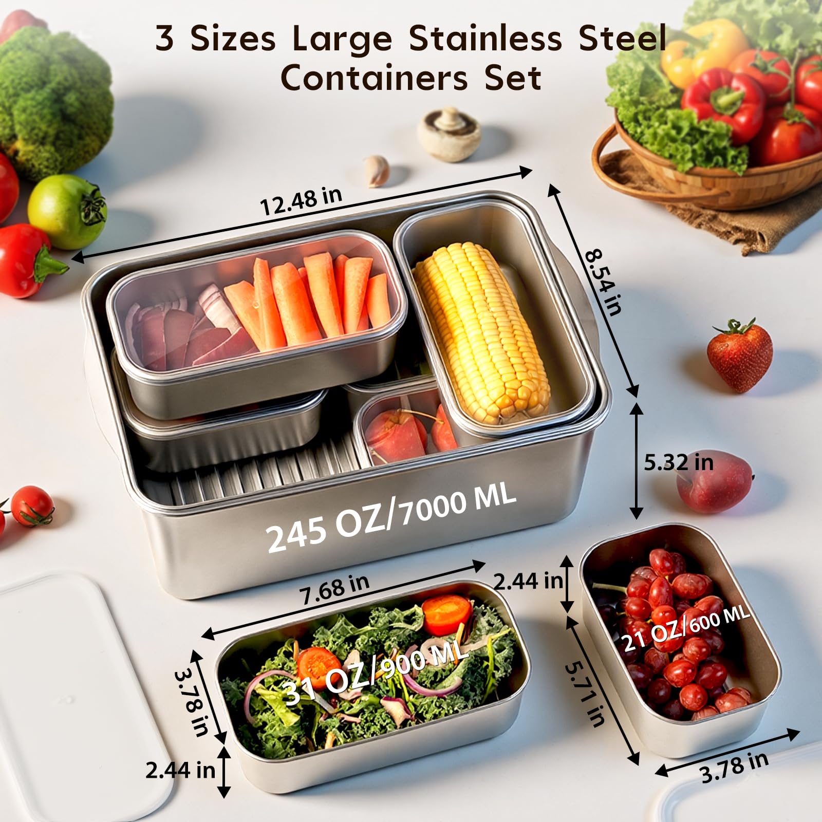 Freshmage juego de tres contenedores grandes 31oz con tapas claras para porciones semanales.