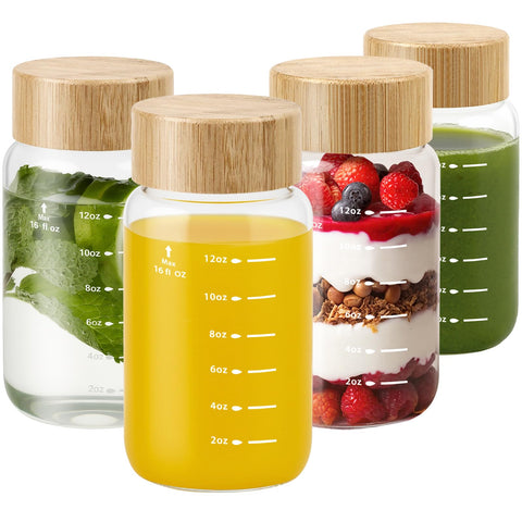 Freshmage pack cuatro botellas de vidrio 16oz con tapas de bambú, ideales para llevar.