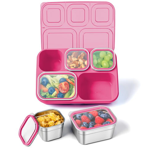 Freshmage Snackle Box rosa con cinco compartimentos para meriendas ordenadas.