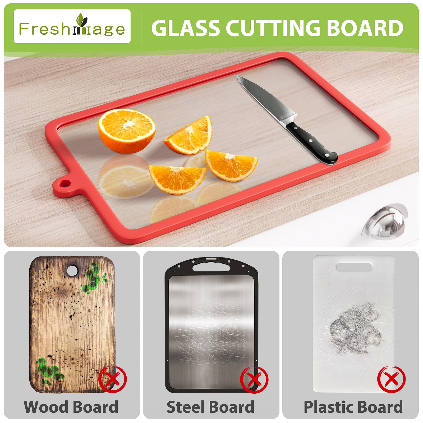 Freshmage tabla corte vidrio 15x10, perfecta para cortar y servir grandes porciones.