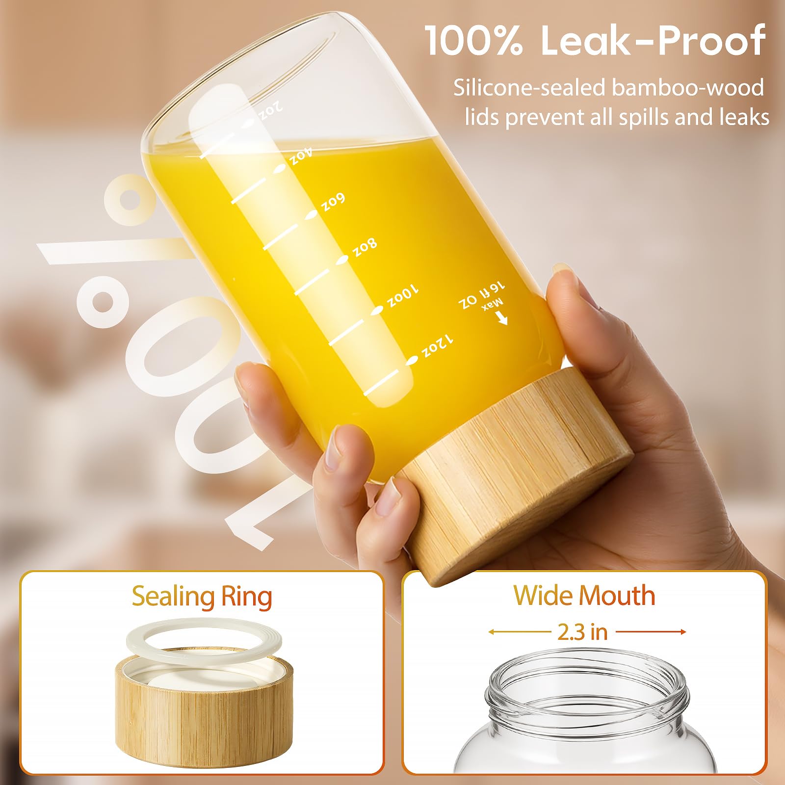 Freshmage uso diario botella vidrio 16oz apta para jugos, batidos y bebidas.