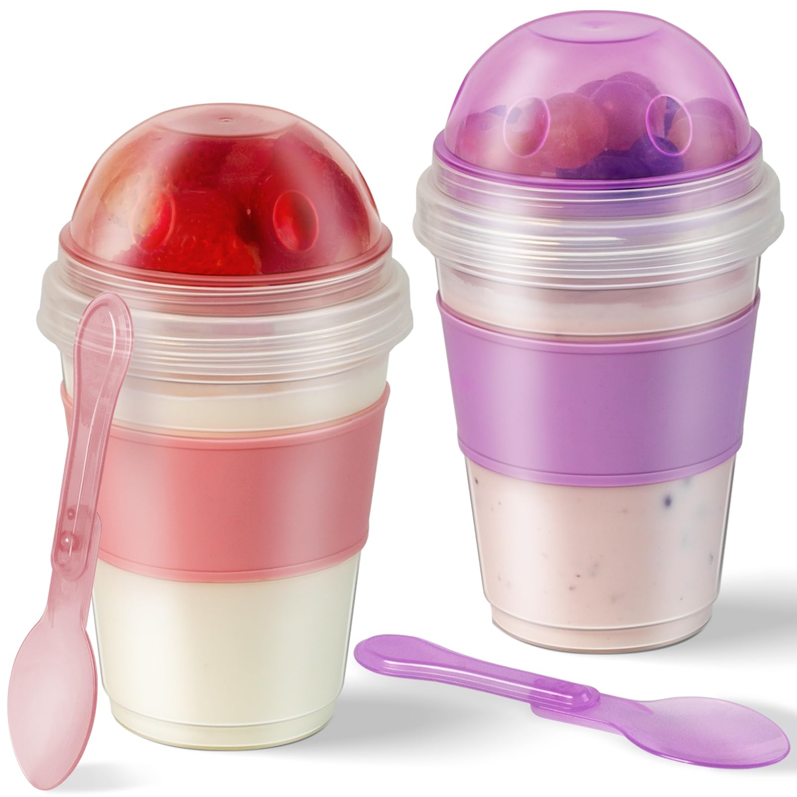 Freshmage vasoss para yogur parfait con tapas lilas y rosadas, ideales para llevar.