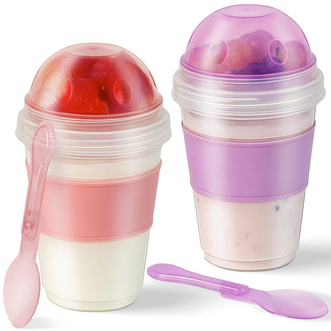 Freshmage vasoss para yogur parfait con tapas lilas y rosadas, ideales para llevar.
