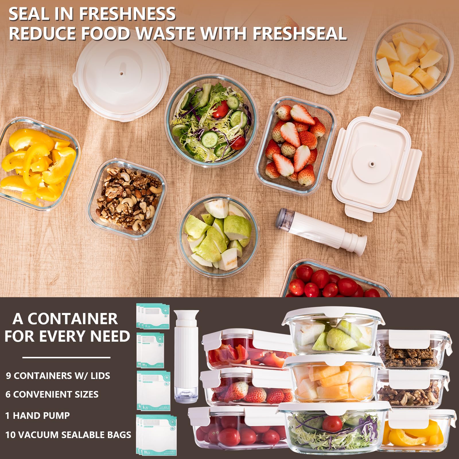 Contenedores FreshSeal de vidrio en distintos tamaños para organizar comidas y snacks