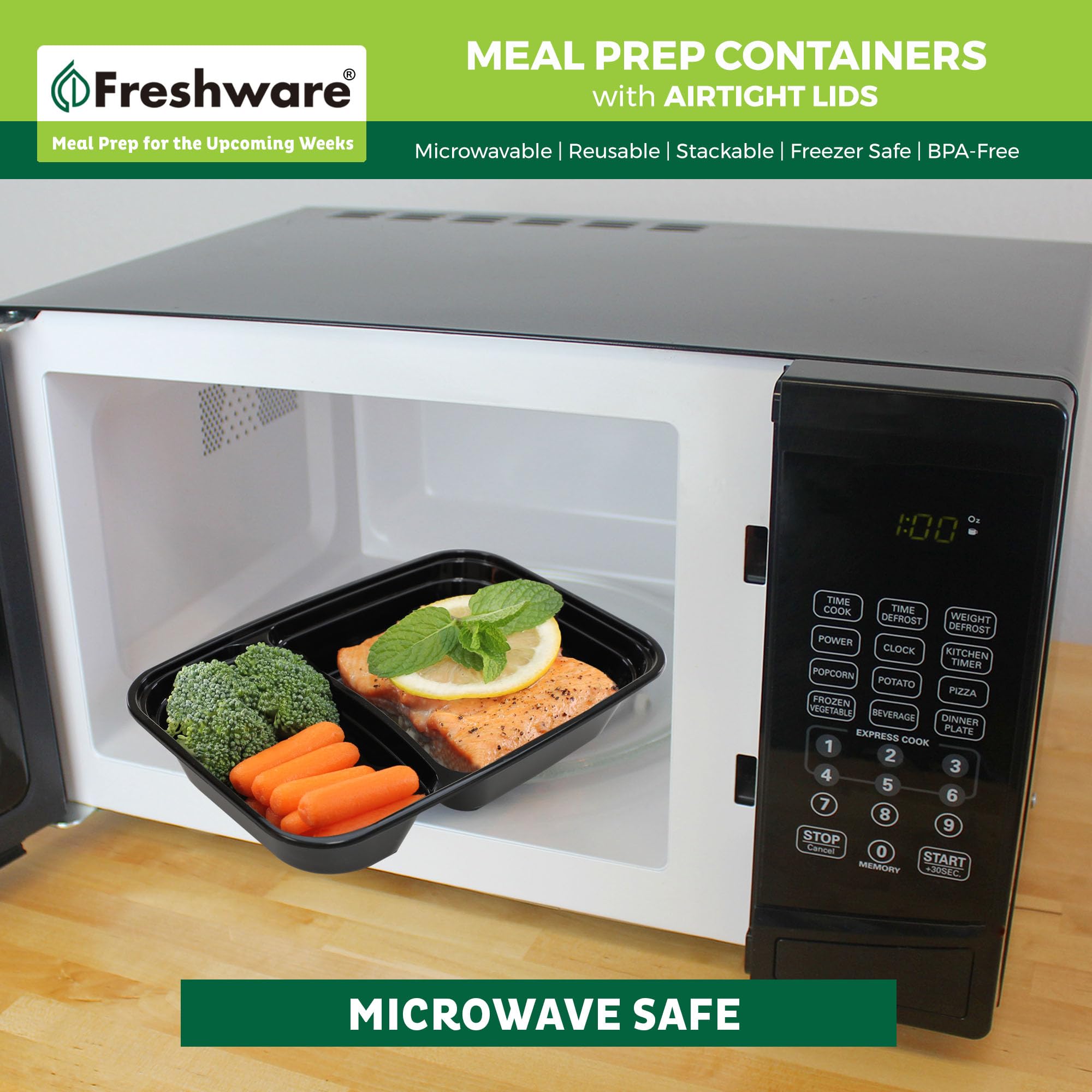 Freshware contenedores apilables para ahorrar espacio en despensa o mochila.