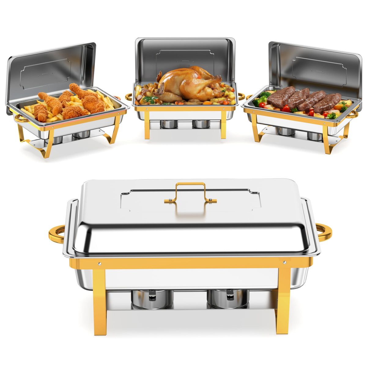 Frizoky bandejas chafing 9QT dorado y plateado para bodas y buffets elegantes.
