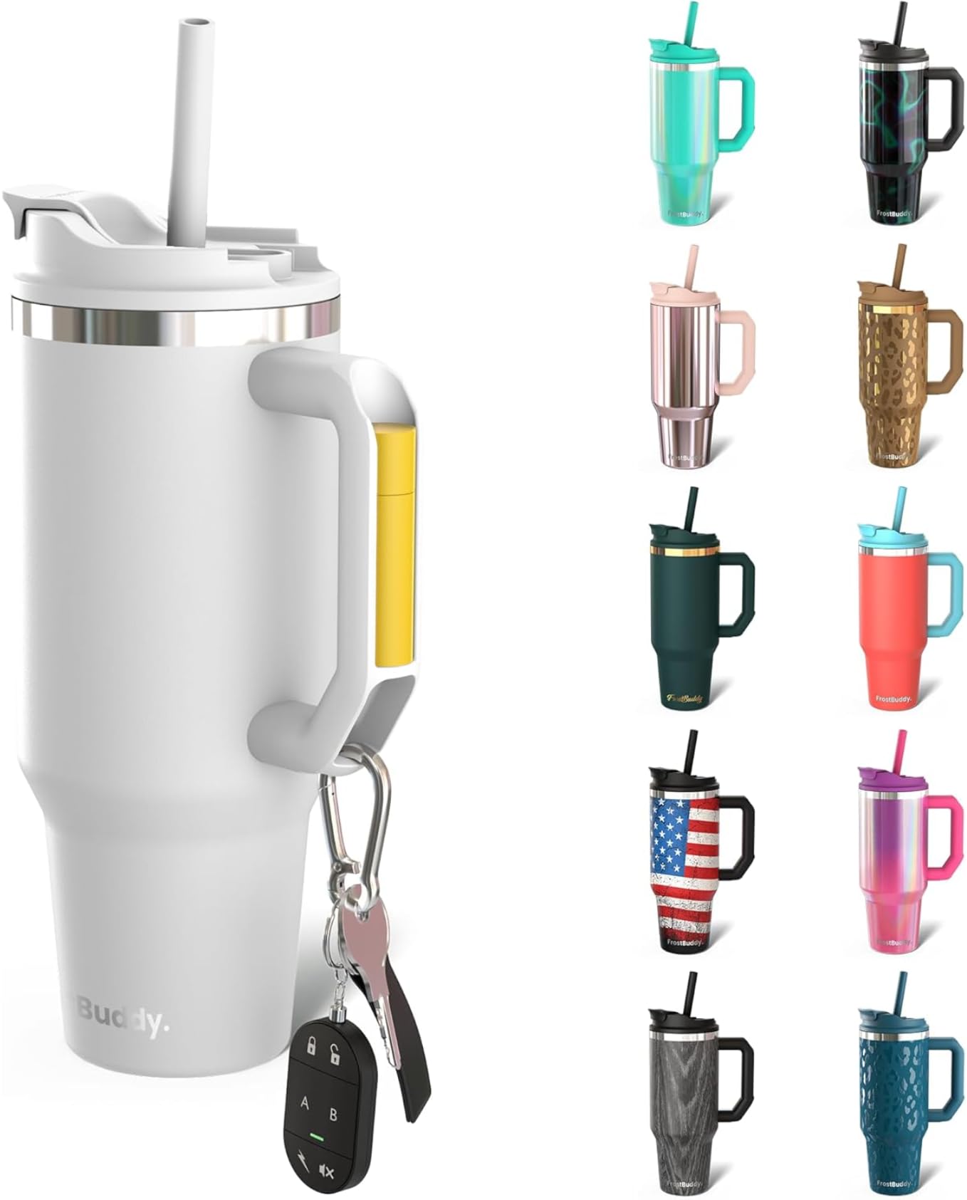 Frente blanco del Frost Buddy Thicc Buddy, ideal para uso diario con bebidas frías o calientes.
