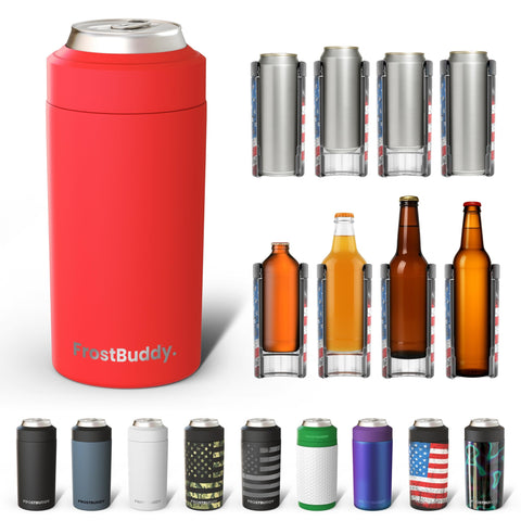 Frost Buddy Universal Buddy Cooler junto a una lata de 12 oz para demostrar versatilidad.