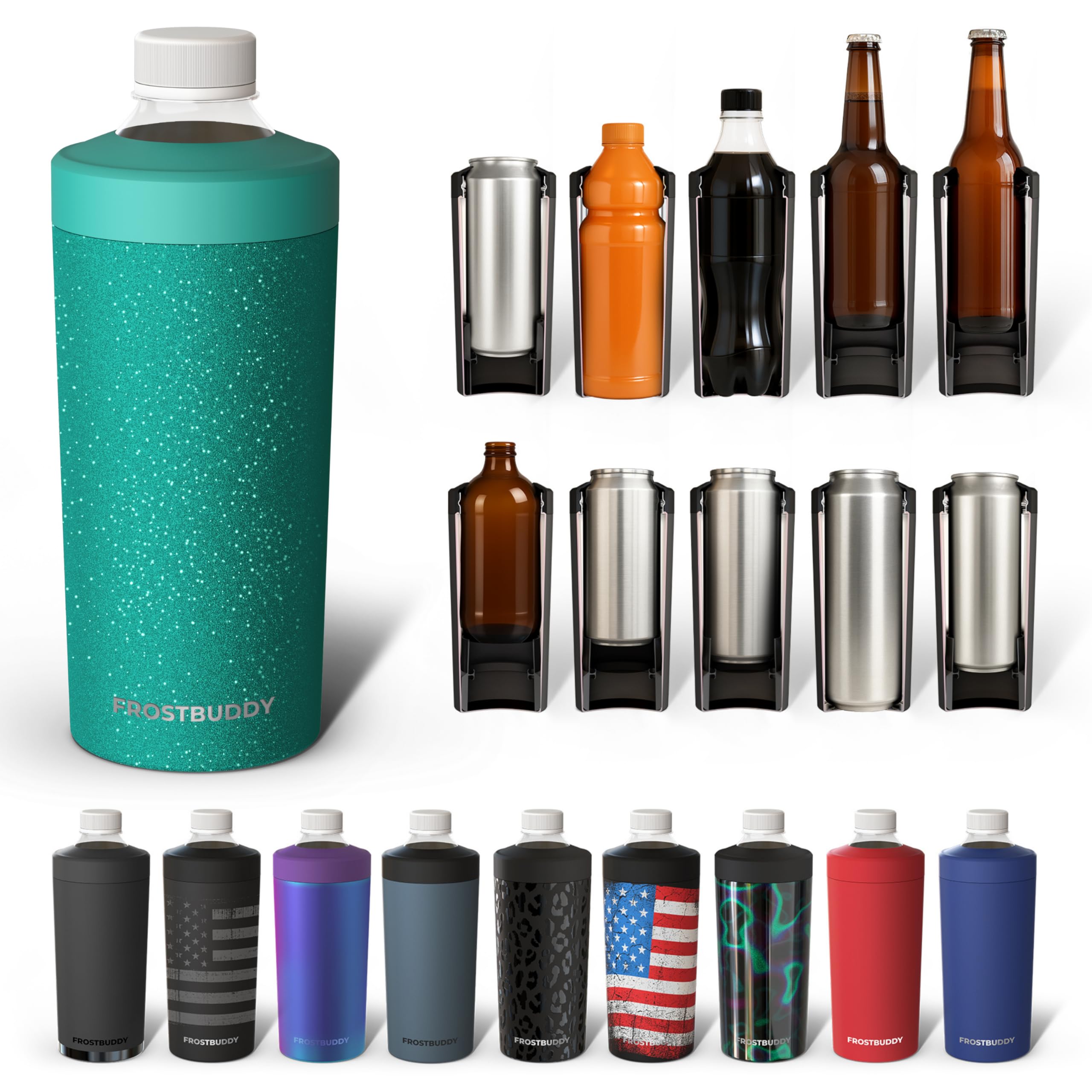 Frost Buddy Universal Buddy XL muestra compatibilidad para latas y botellas, ideal para picnic.