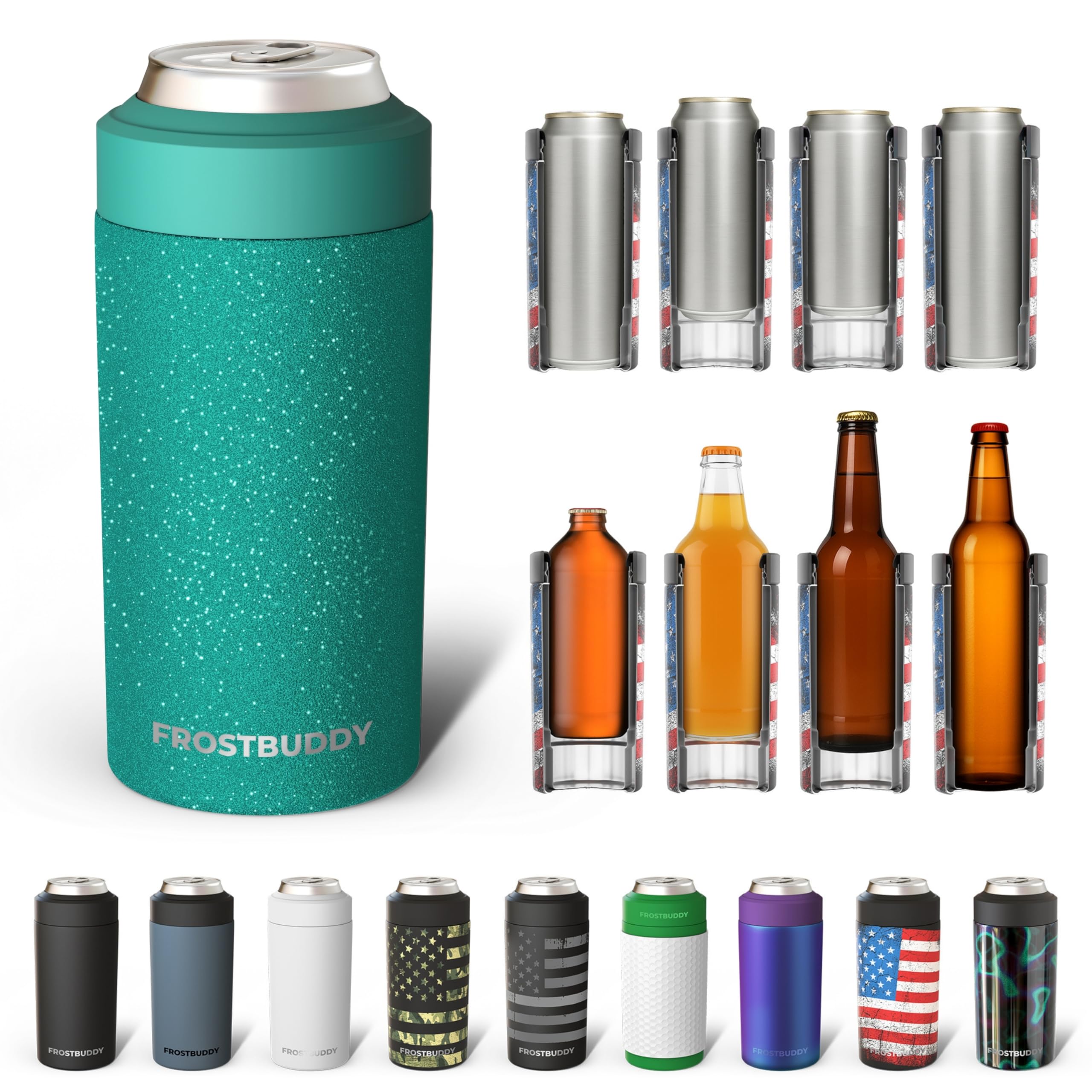 Frost Buddy enfriador universal para latas con acabado Teal Glitz; mantiene la bebida fría por horas