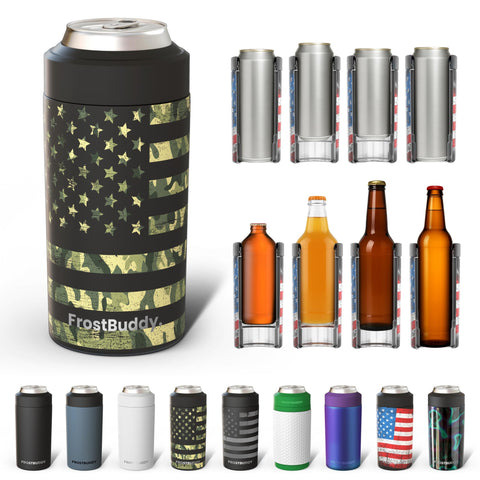 Frost Buddy Universal Cooler, vista frontal, mantiene bebidas frías por más tiempo al aire libre.