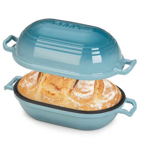 FRRLY olla esmaltada con tapa, vista exterior y corteza dorada para pan