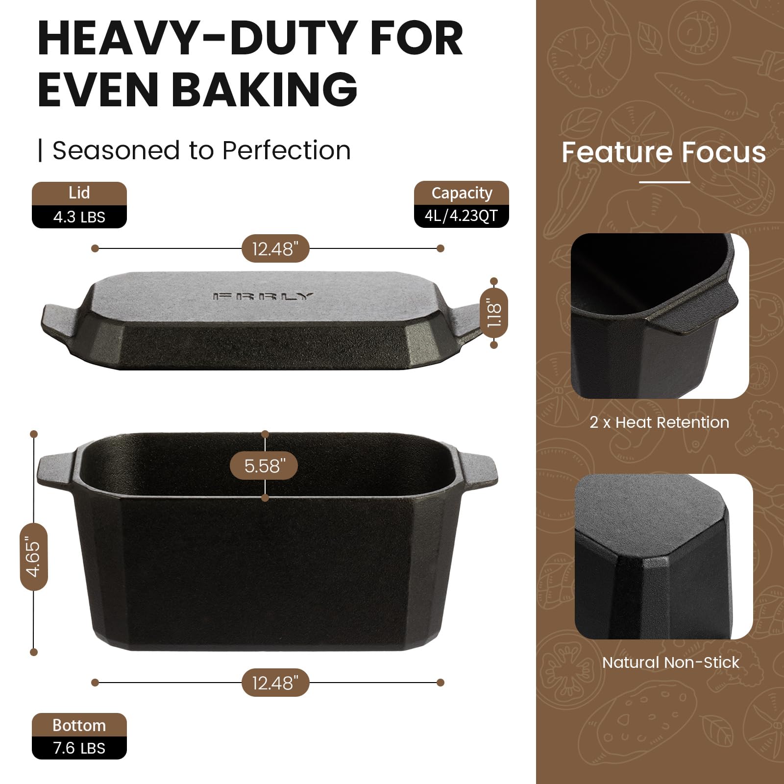 FRRLY Pan de hierro largo con tapa, detalle de asa, ideal para hornear masas grandes.