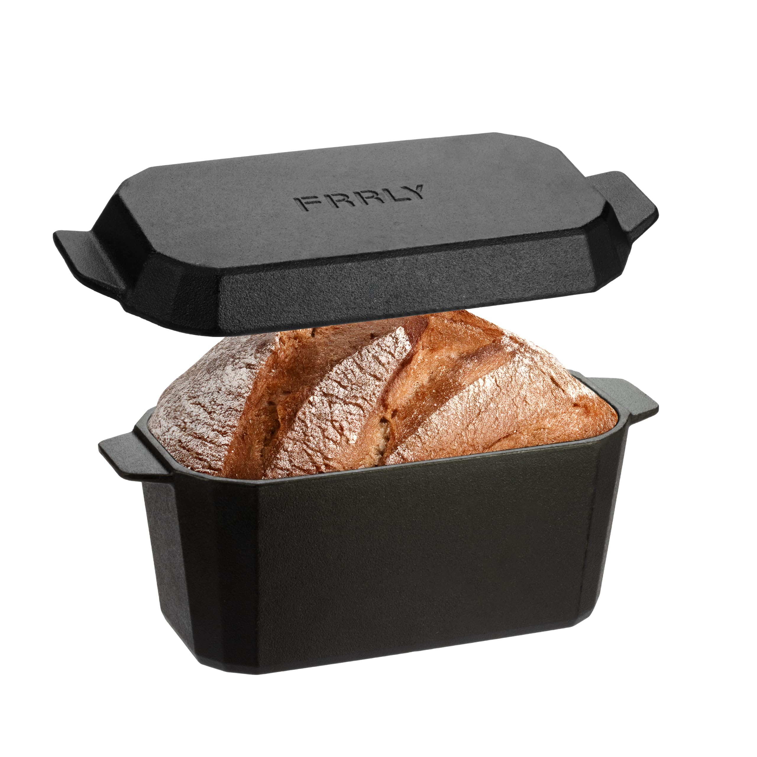 FRRLY Pan de hierro fundido largo con tapa, vista frontal, calor uniforme para pan artesano.