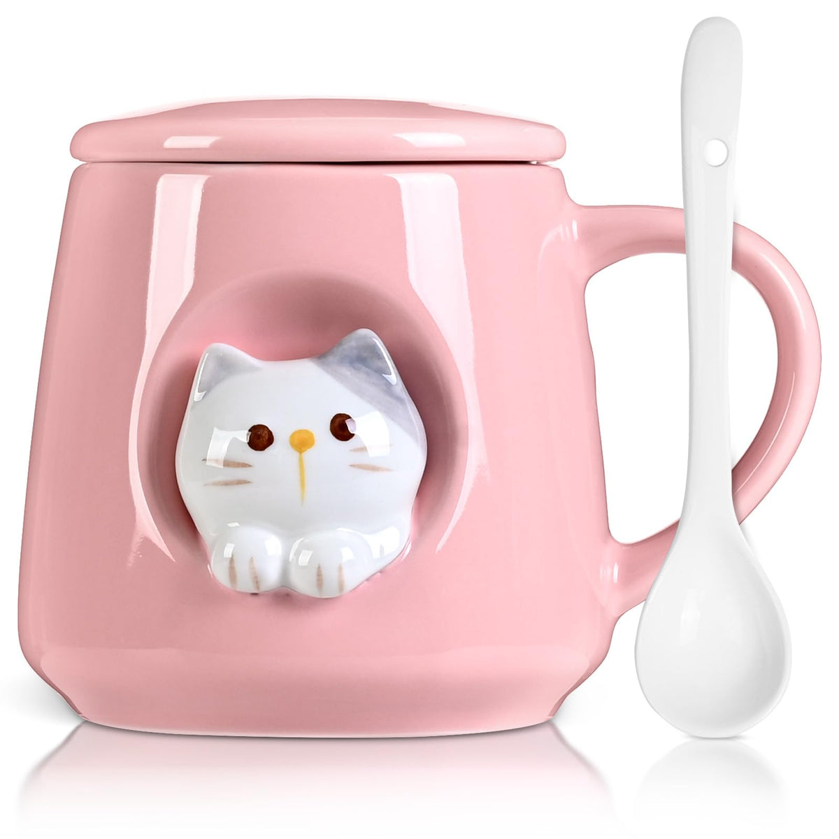 FrutPunch taza cerámica con gato, tapa y cuchara para un desayuno alegre.