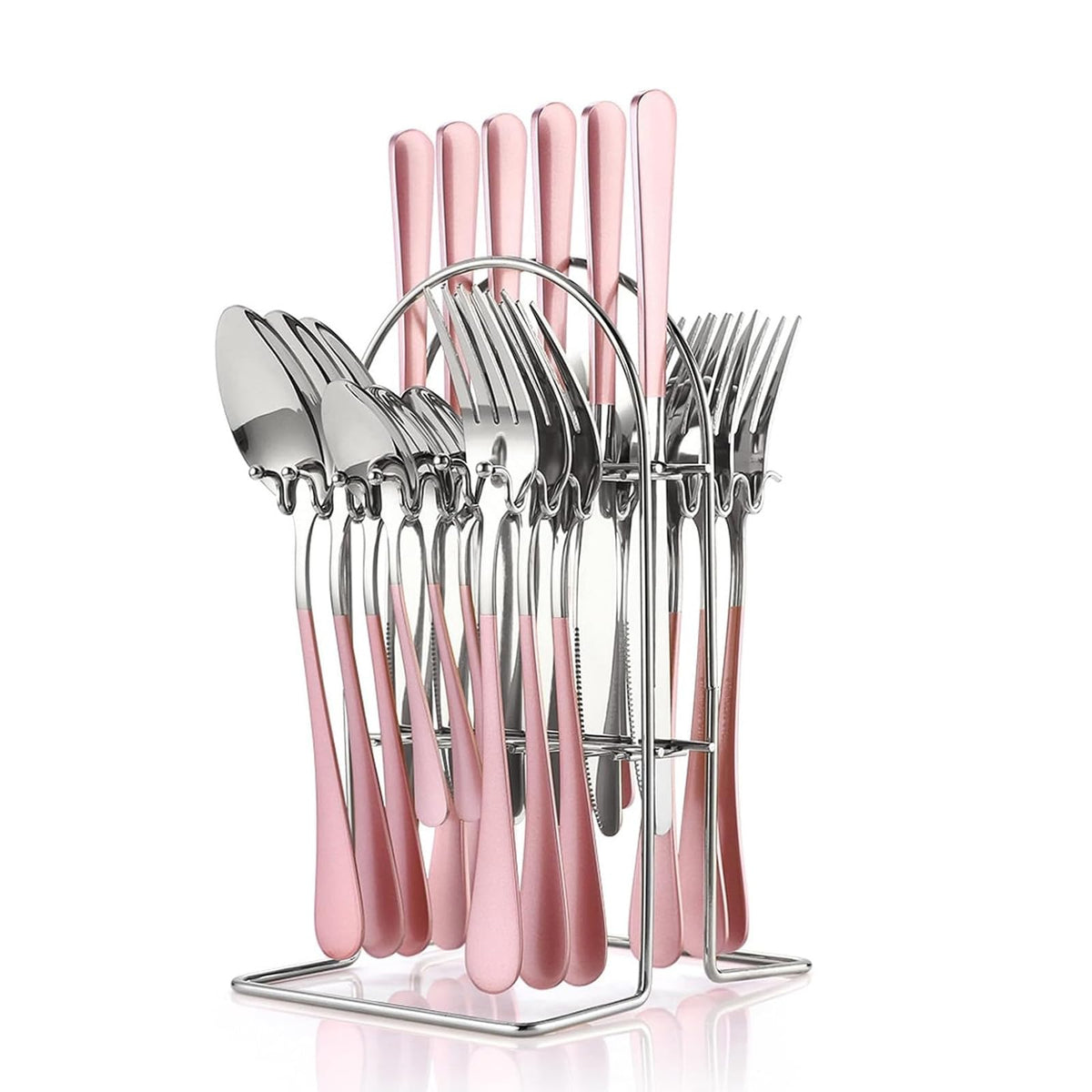 FTNESGYM: juego de cubiertos 24 piezas con acabado espejo rosa, ideal para cenas formales en casa.