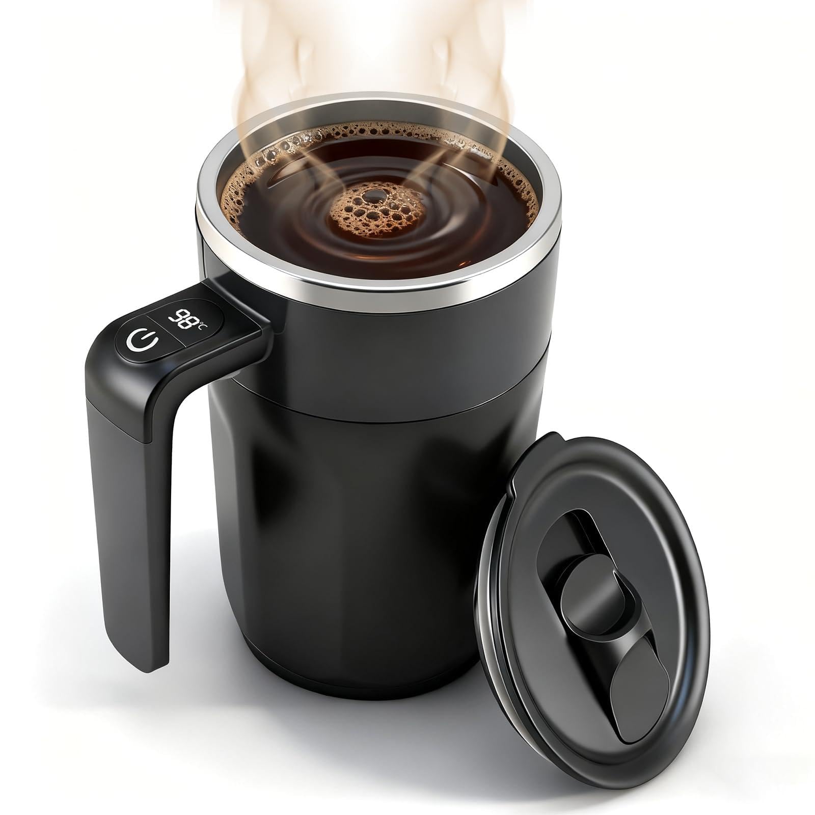 Ftutom taza agitadora automática con pantalla integrada para vigilar la temperatura al instante.