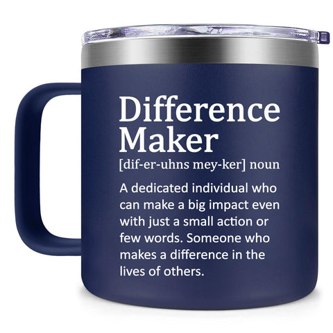Fufendio Difference Maker Taza 14oz frente a la cámara, lista para beber.