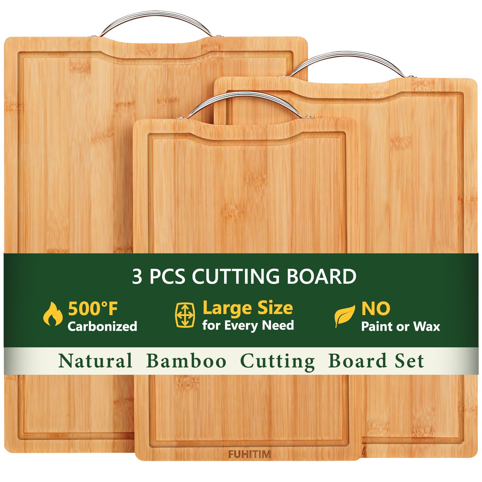 FUHITIM tabla-corte-bambu tres-tamanos, ideal para carnes y verduras