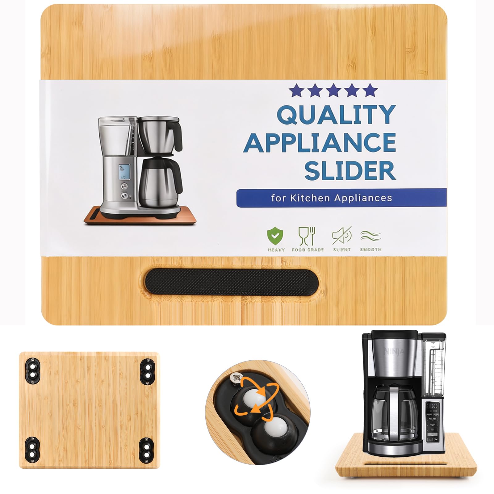 Fullin deslizador 360° para electrodomésticos en bambú, facilita mover la cafetera sin esfuerzo.