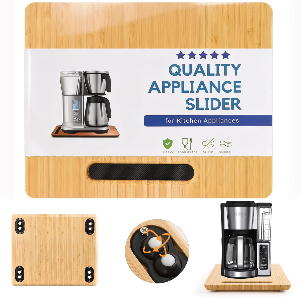 Fullin deslizador 360° para electrodomésticos en bambú, facilita mover la cafetera sin esfuerzo.