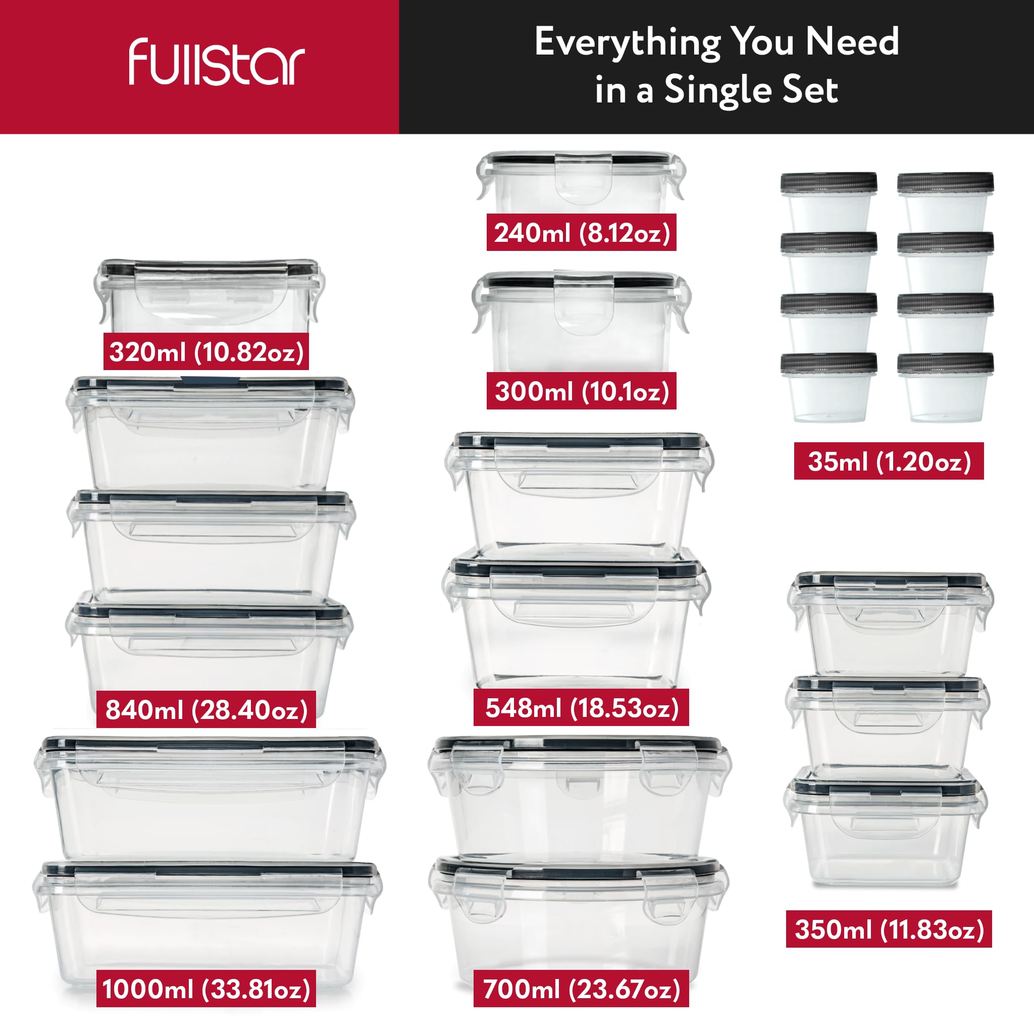 Fullstar contenedores rectangulares 33-8 onzas, porciones completas sin derrames.