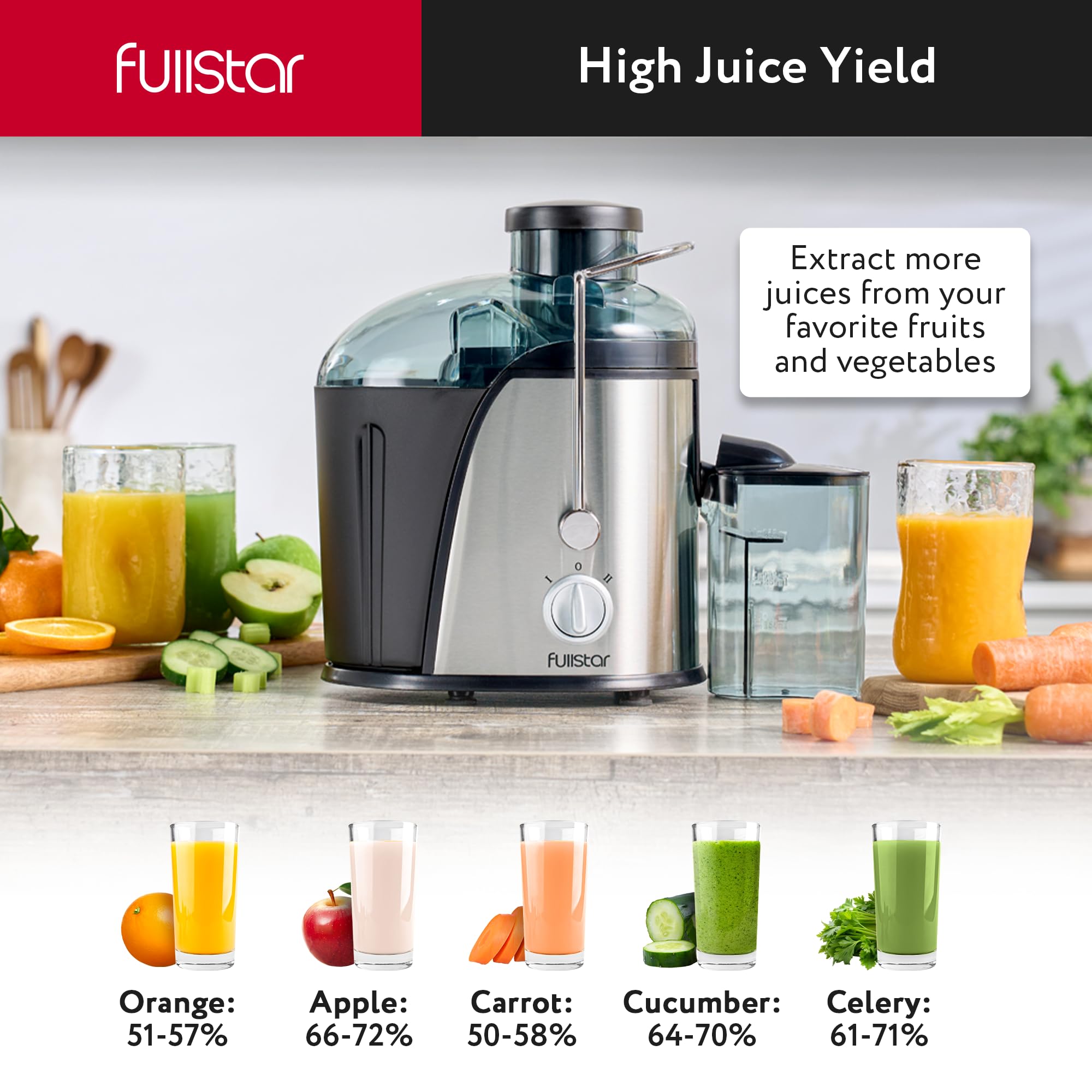Fullstar alto rendimiento de jugo para naranjas, manzanas y zanahorias.