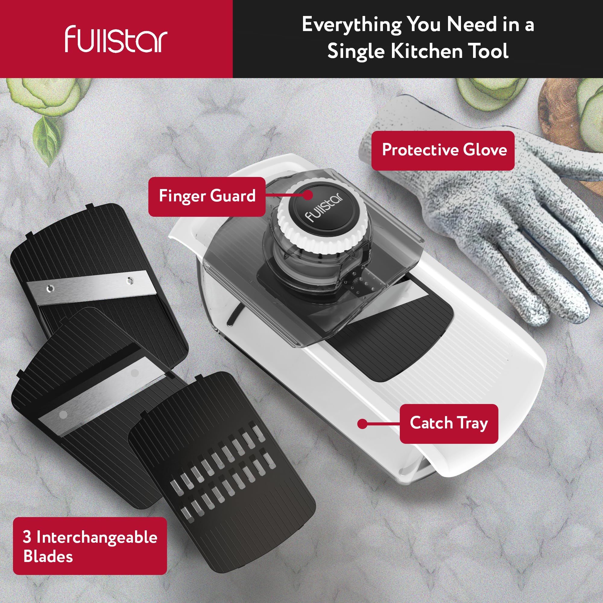 Fullstar Mandolina con bandeja recogedora transparente para una cocina ordenada