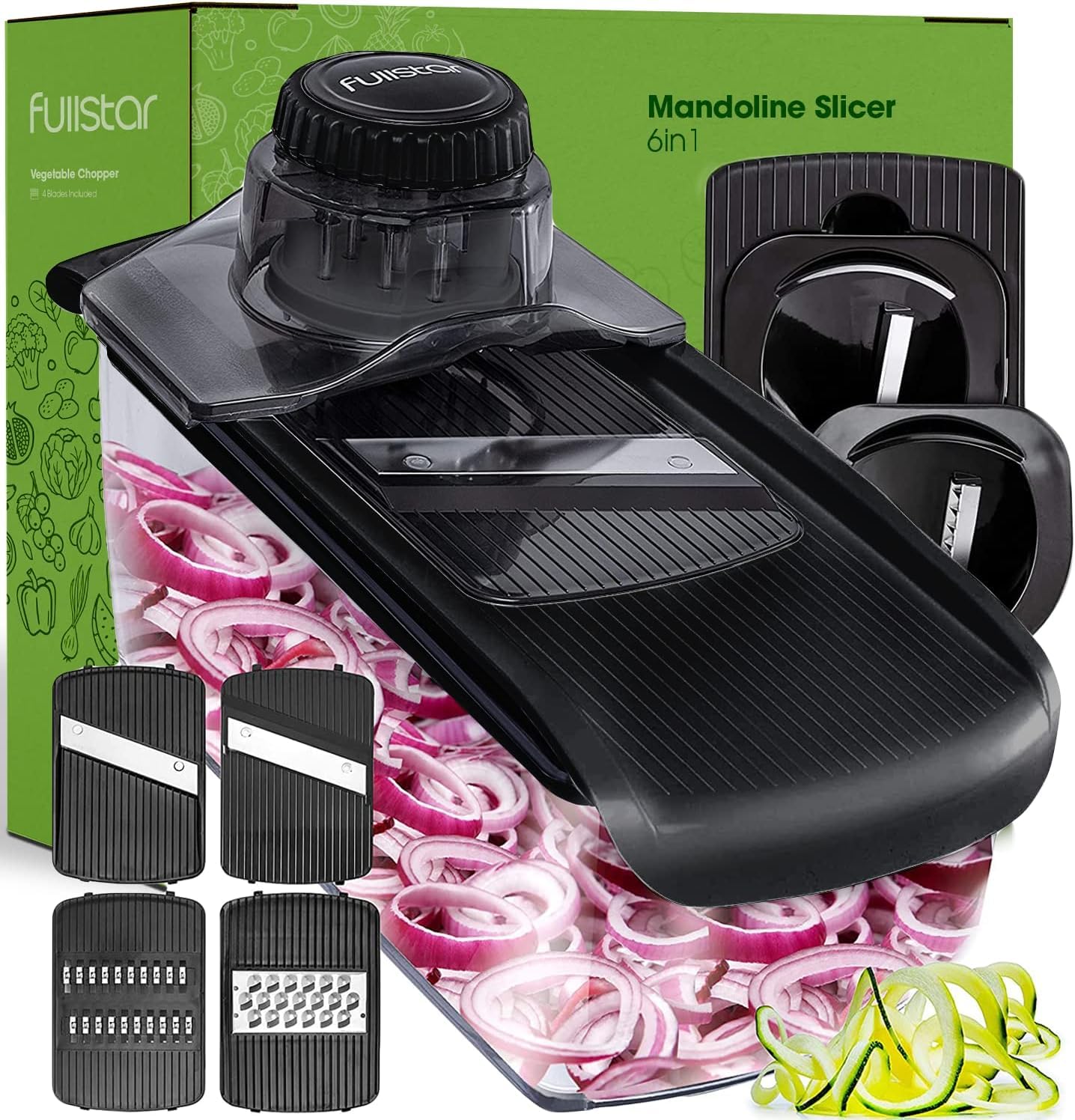 Fullstar Mandolina con hojas intercambiables, corta verduras con precisión para preparaciones rápidas.