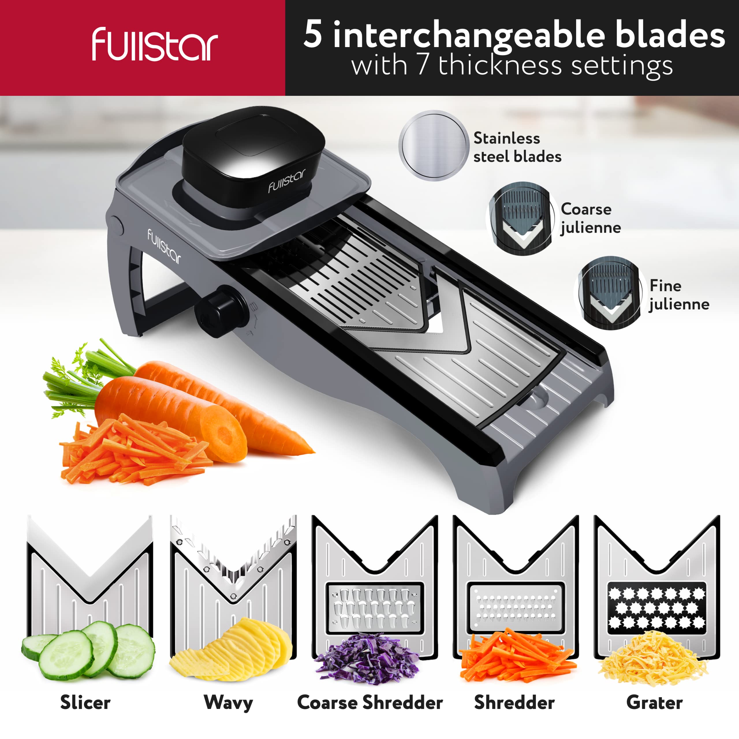 Fullstar Mandolina: rallado de queso para toppings finos y gratinados.