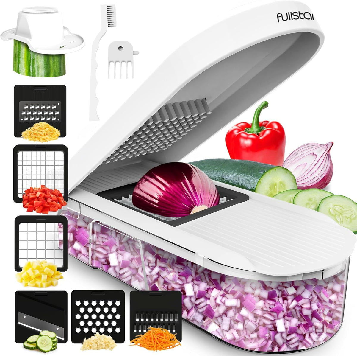 Fullstar mandolina con contenedor 1,2 L para cortes ordenados y prácticos.