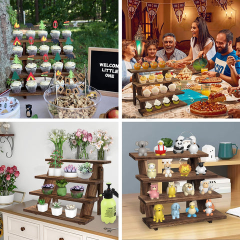 Estante rústico para dulces y decoraciones, estilo cálido y natural.