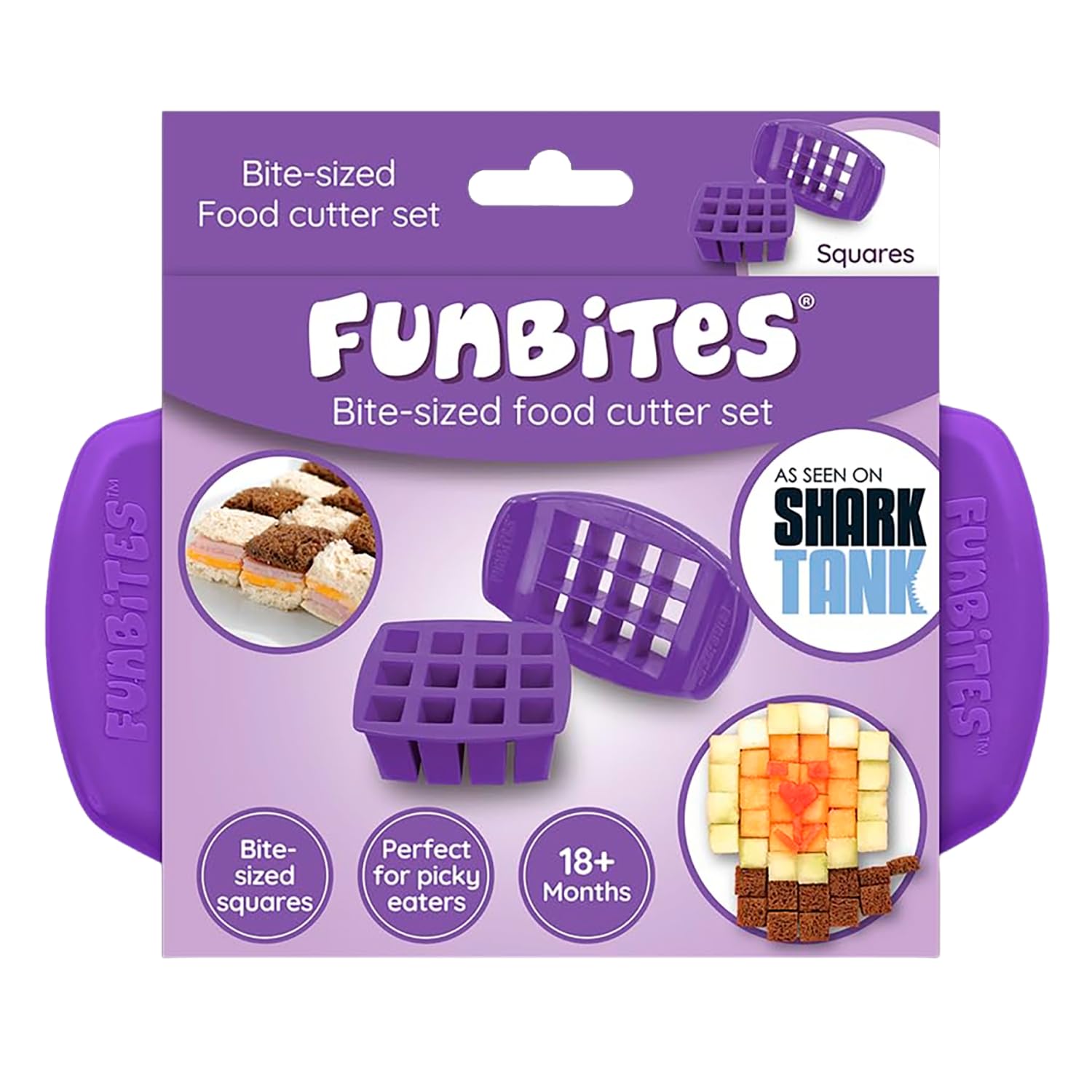 FunBites cortador de sándwich morado en caja, ideal para loncheras