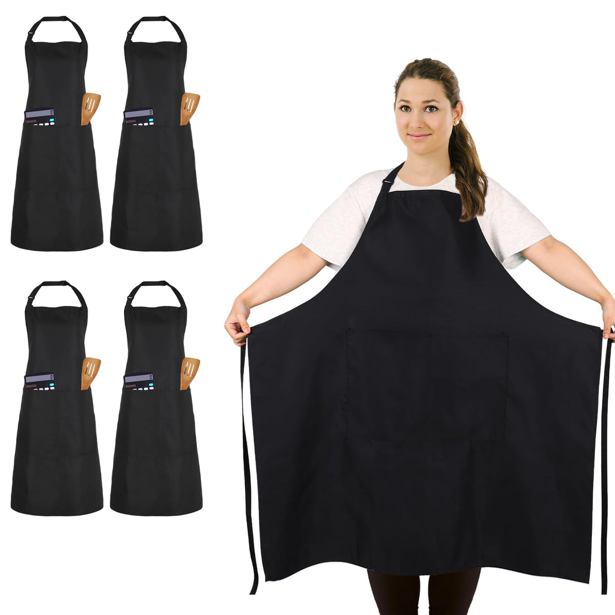 Delantal grande FunChaos negro de frente, cobertura total para cocinar.