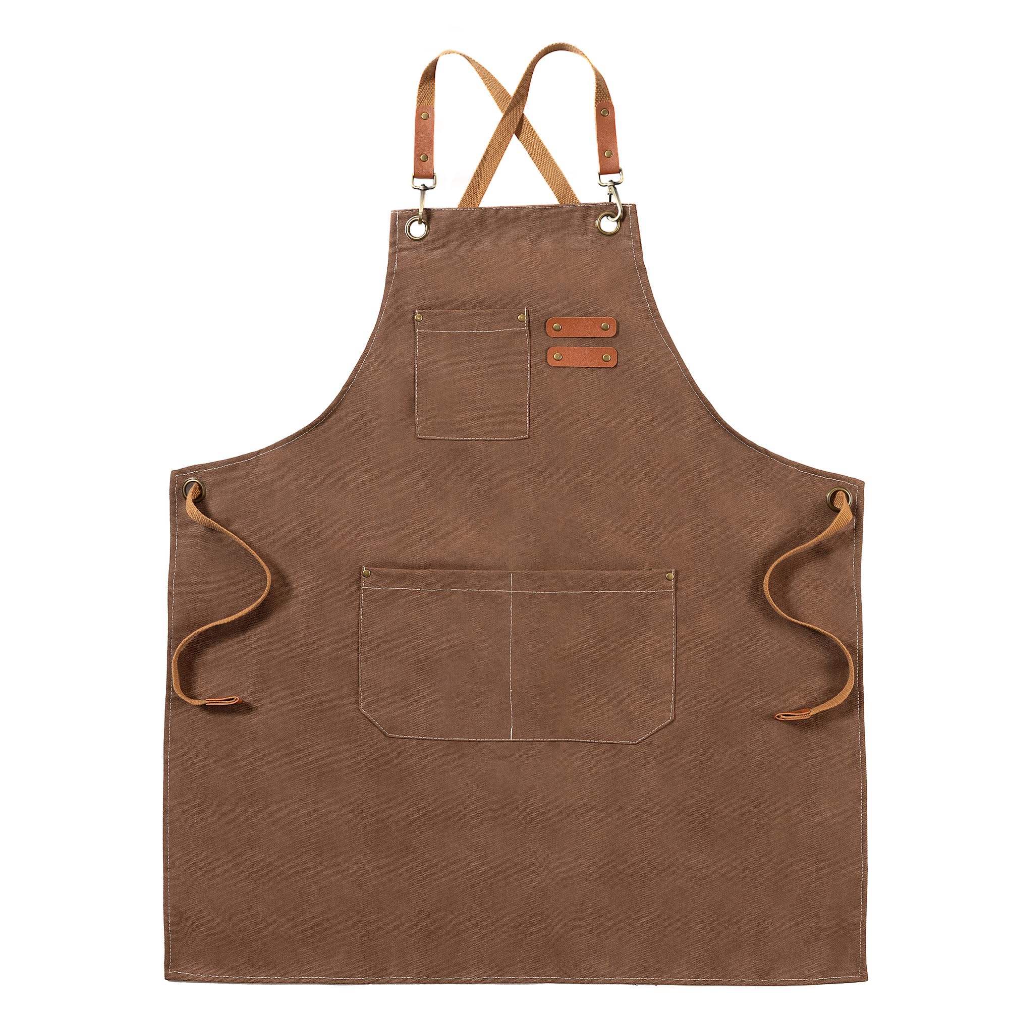 Delantal FunChaos lona marrón cruzado-dorso para proteger la ropa en cocina y taller.