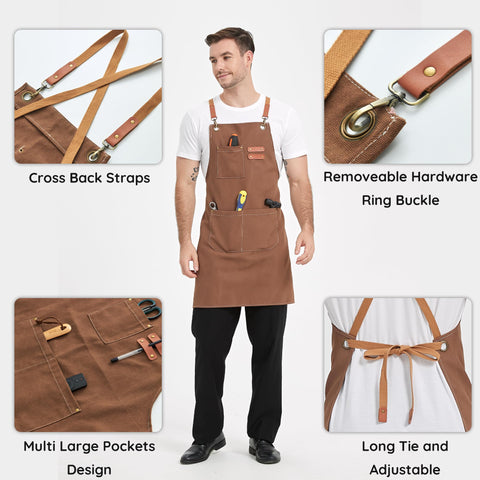 Delantal FunChaos lona marrón tres-bolsillos ideal para utensilios.