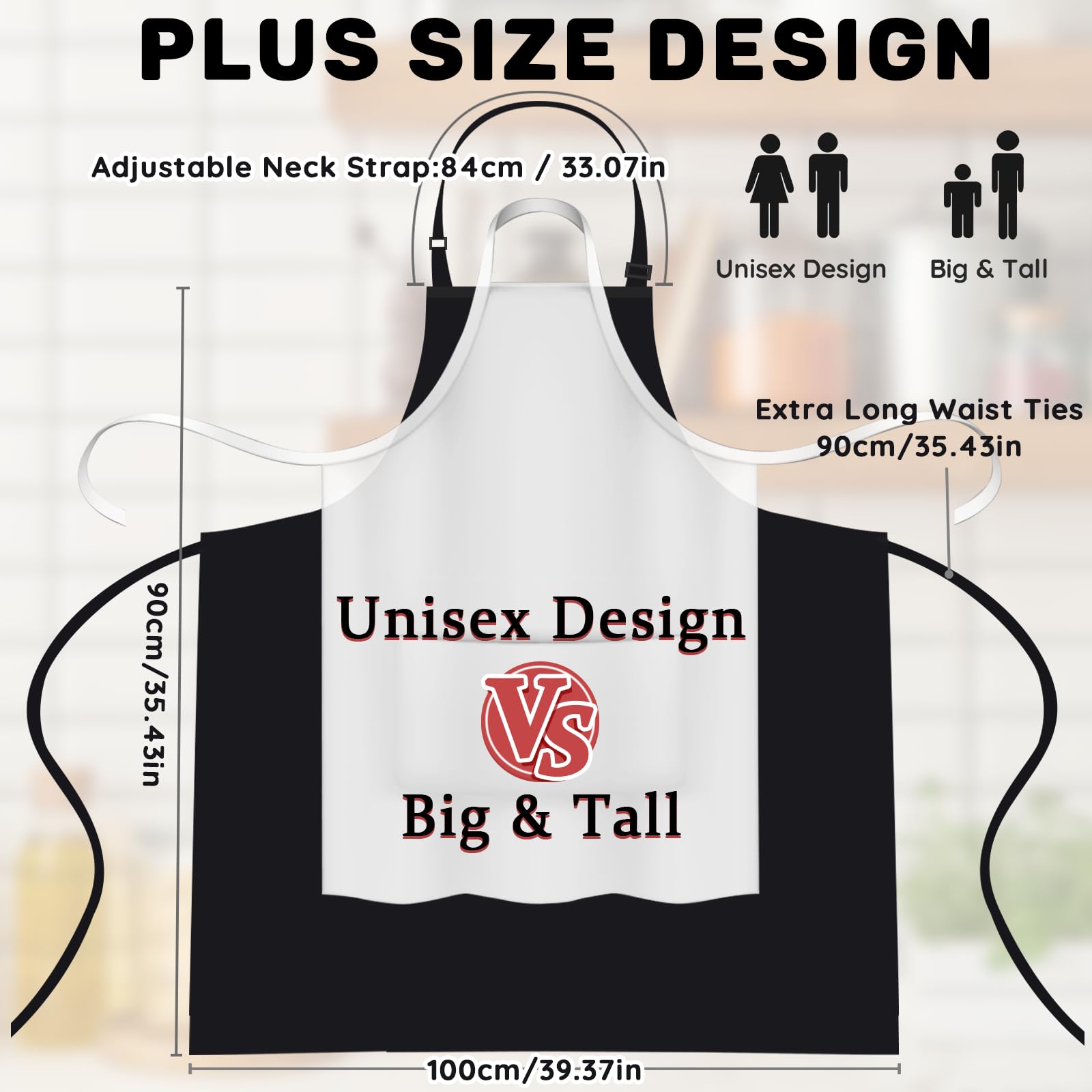 Delantal FunChaos Plus Size negro, ajuste regulable para comodidad durante largas jornadas.