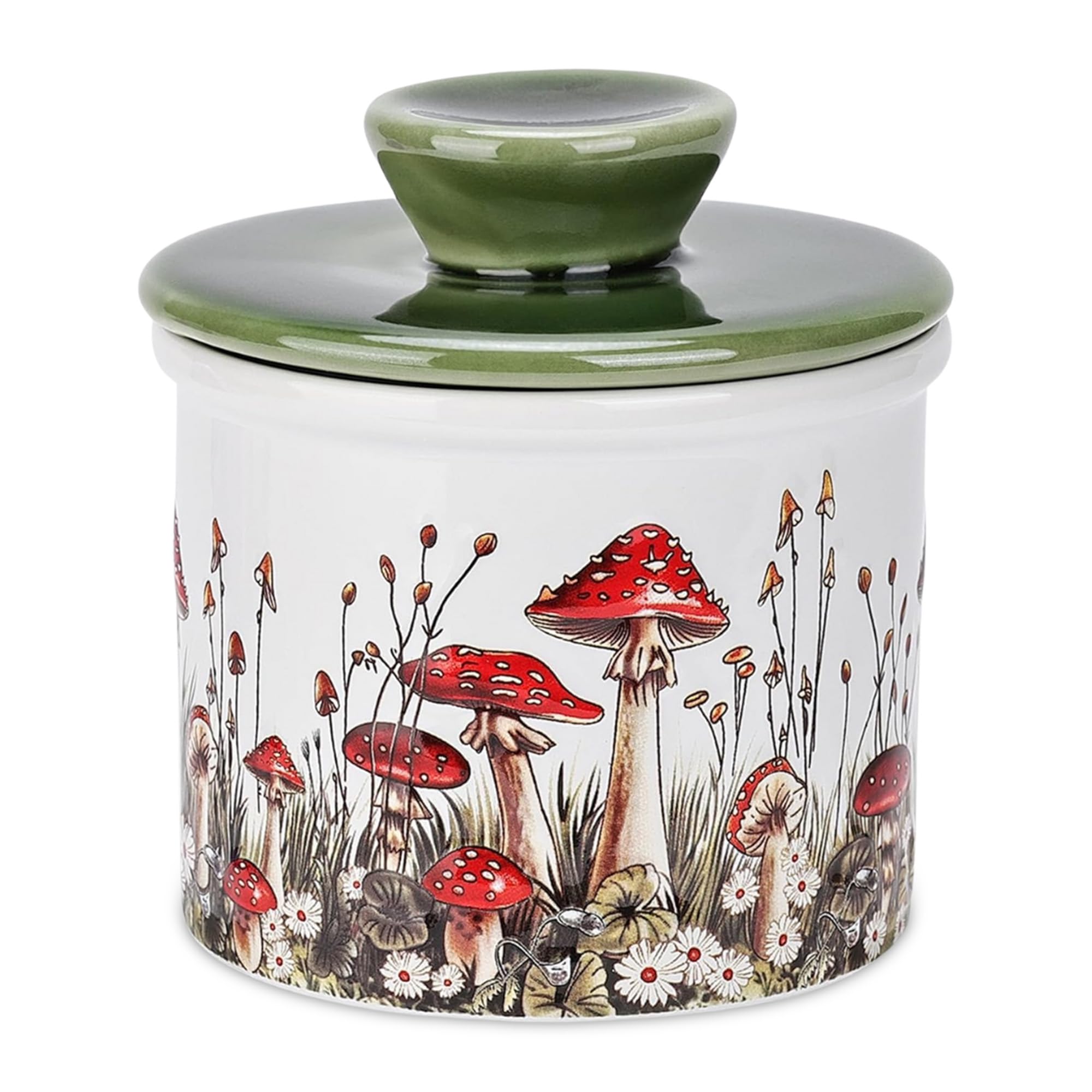 Mantequilla suave y lista para untar con Fungi Fun Mushroom Butter Crock en la encimera.