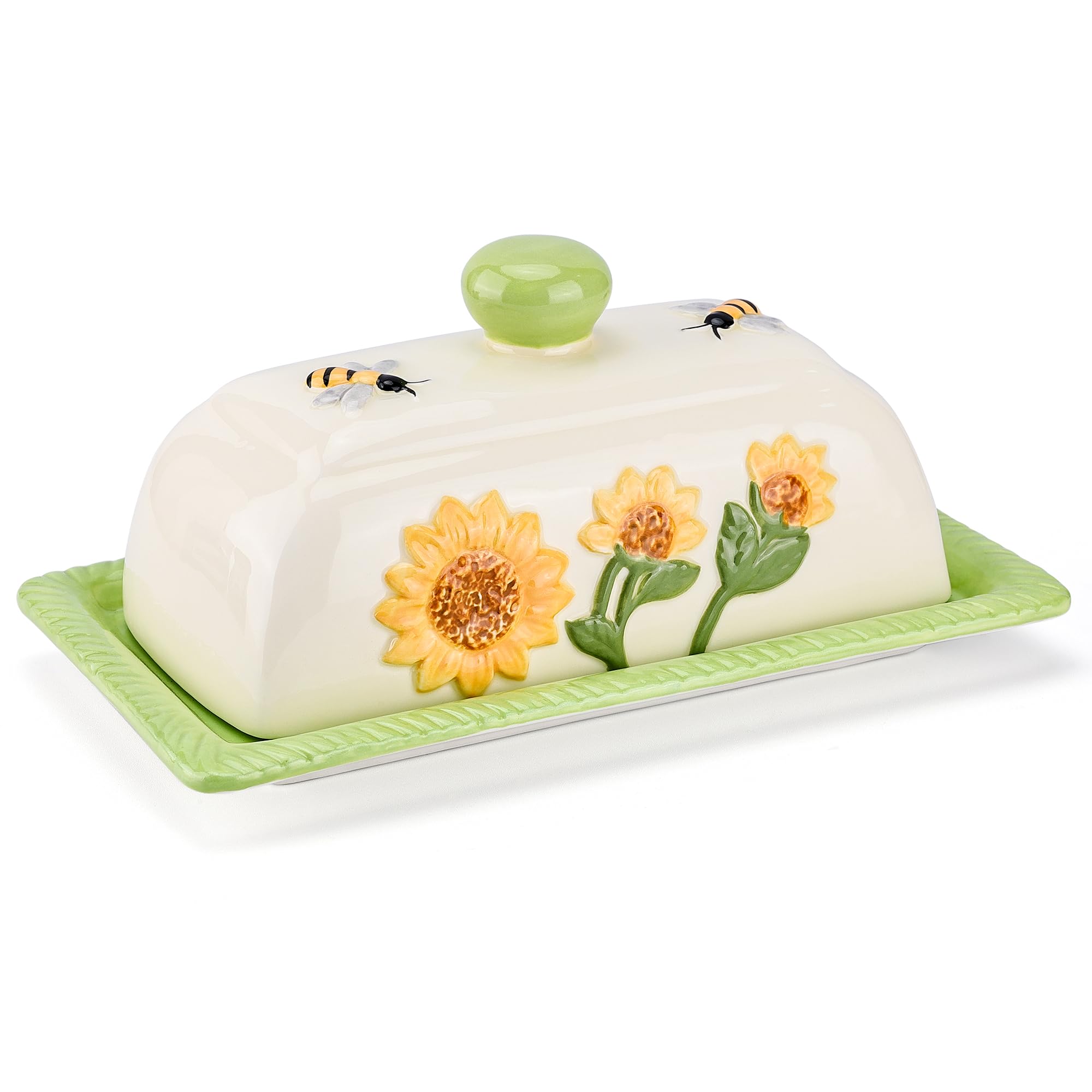 Fungi Fun bandeja mantequilla cerámica con diseño de girasol y abeja en tapa