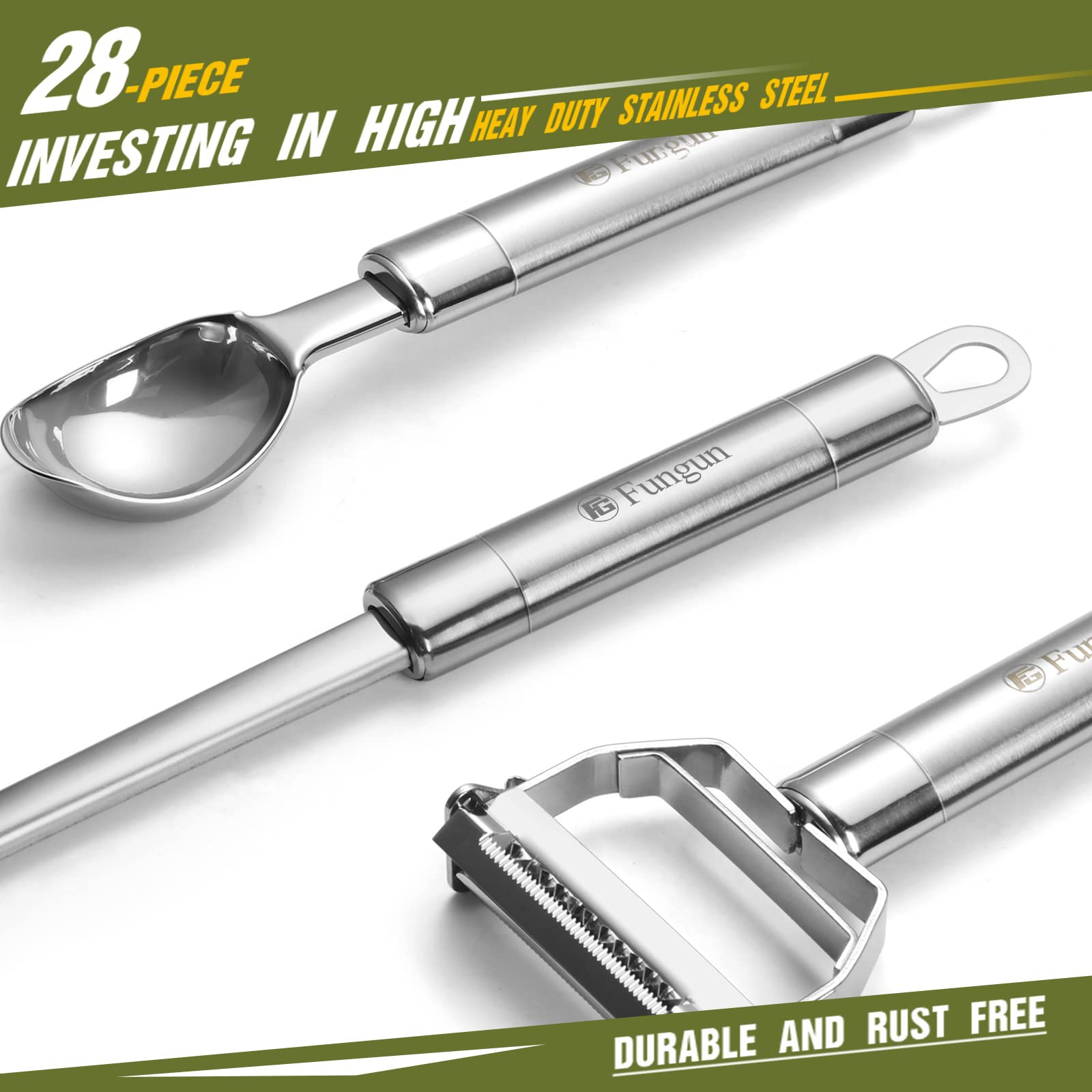 Cuchara-escurridor Fungun, acero inoxidable y silicona, ideal para escurrir sin goteos.