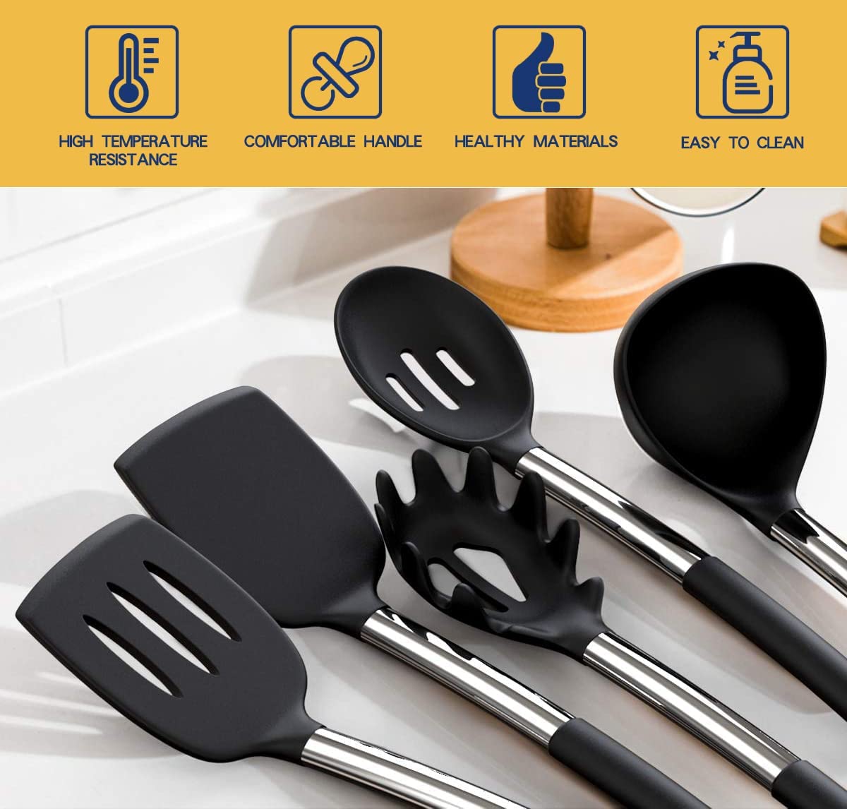 Fungun utensilio con mango de acero inoxidable, mayor durabilidad y agarre cómodo para cocinar.