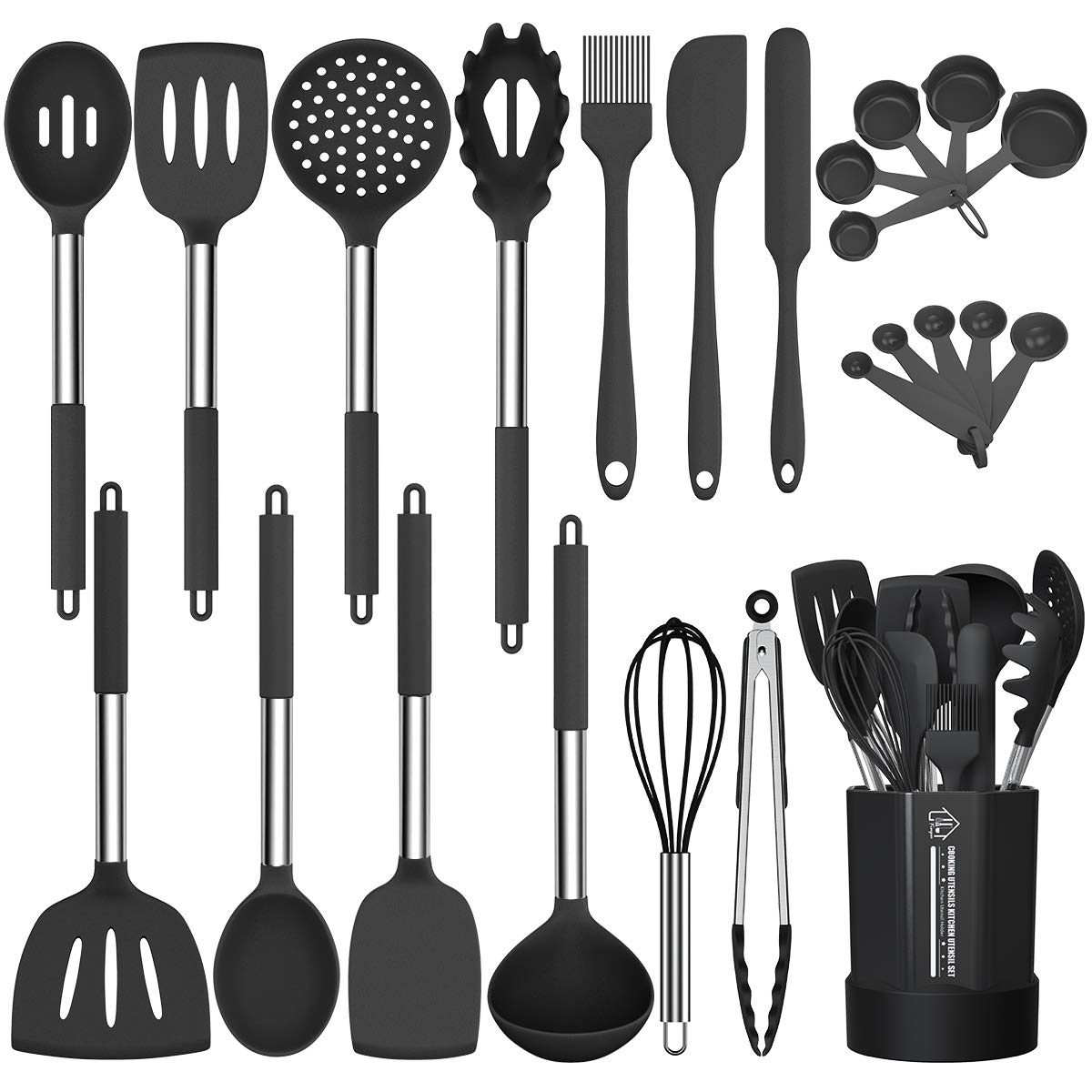 Fungun set de utensilios de silicona de 24 piezas, conjunto completo para cocinar sin rayar sartenes.