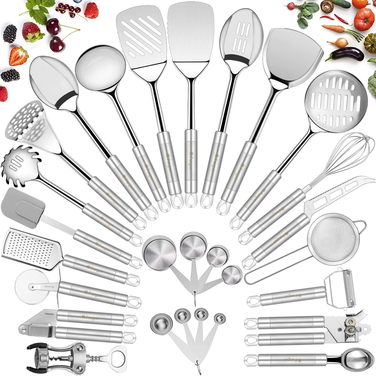 Conjunto Fungun de utensilios de cocina plateados, ideal para cocinar con estilo y orden.