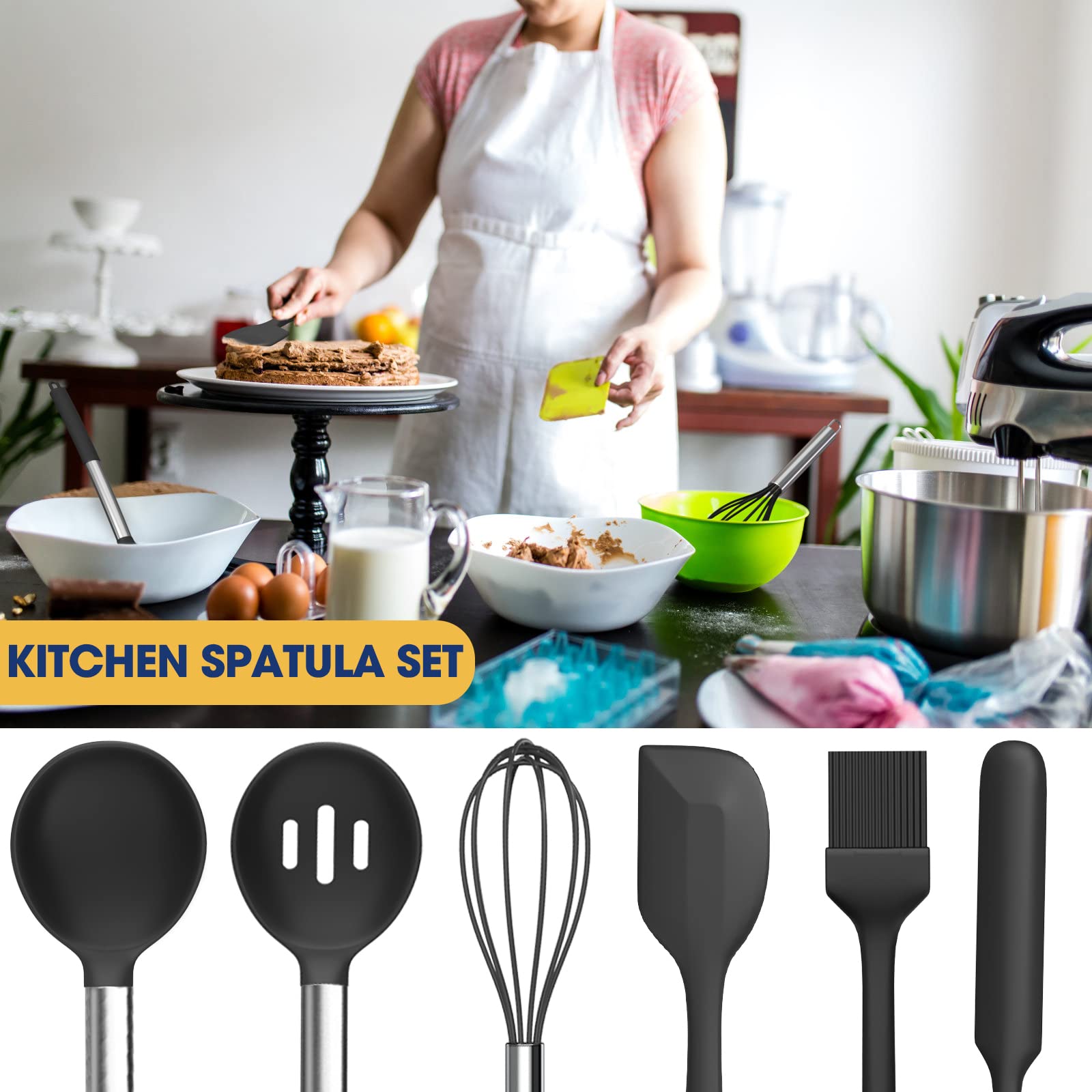 Fungun conjunto de utensilios en uso en la cocina para preparar sartenas, salsas y batidos.
