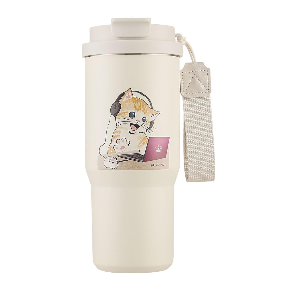 Funkrin Taza aislada con paja integrada y tapa abatible para transporte seguro.